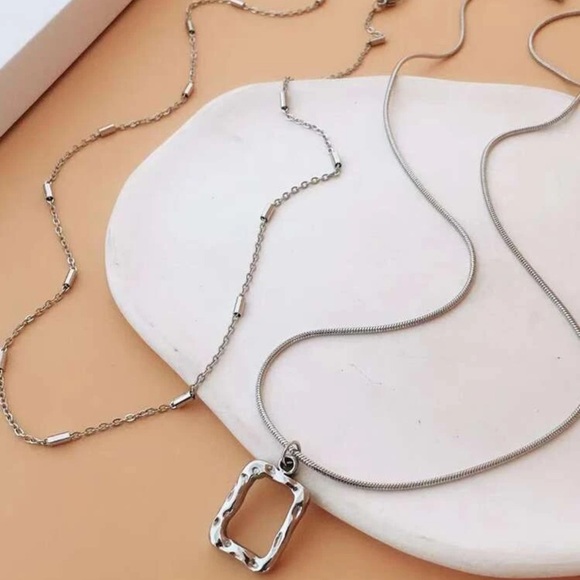 Silver 2 Piece Geo Charm Necklace Set - Picture 2 of 8